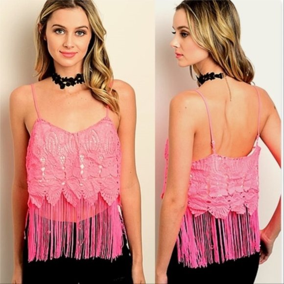 NEON PINK CROCHET TOP - Picture 1 of 3